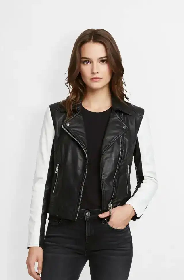 Black and White Leather Biker Jacket for Women