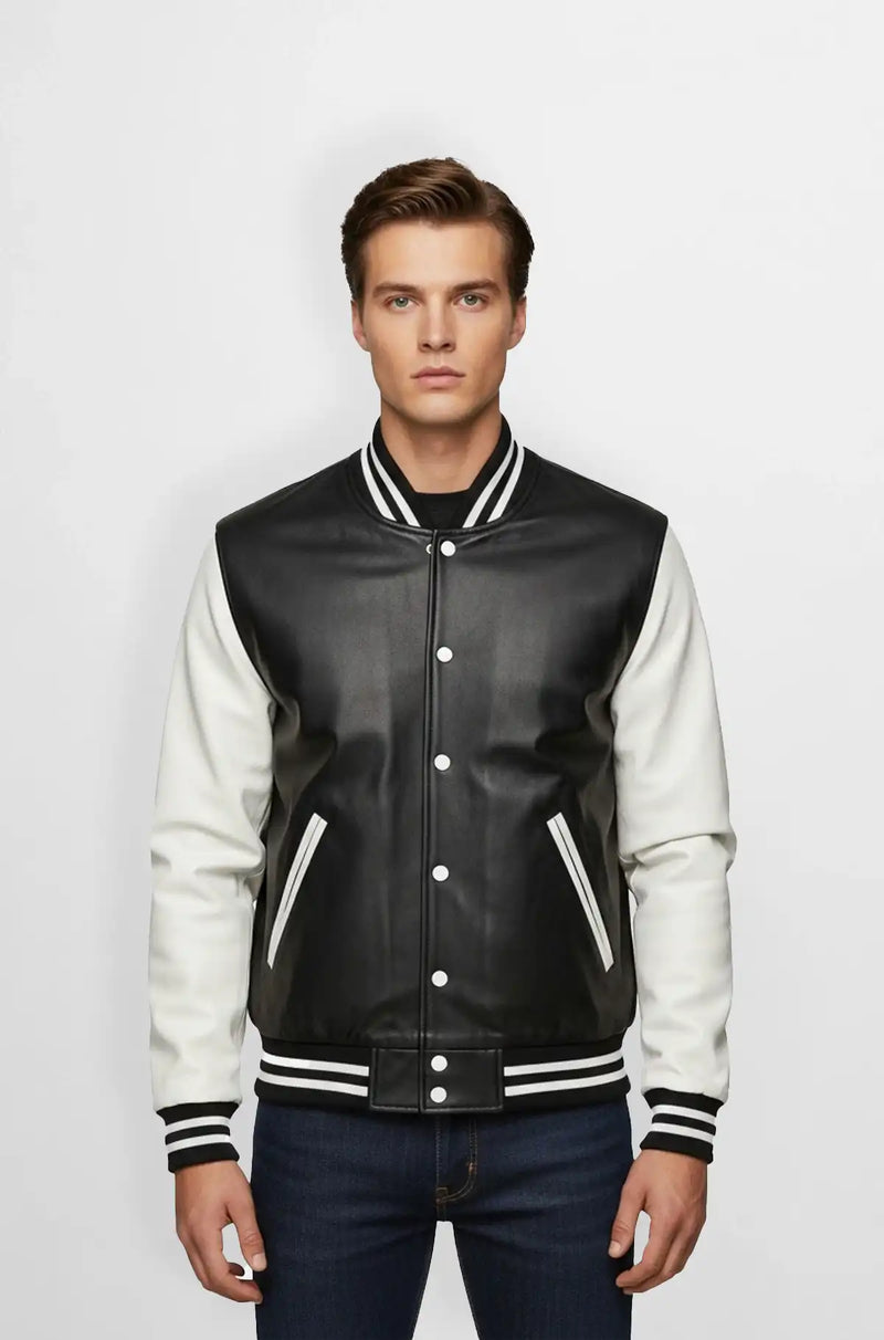 Black and White Varsity Leather Jacket Monochrome Drive