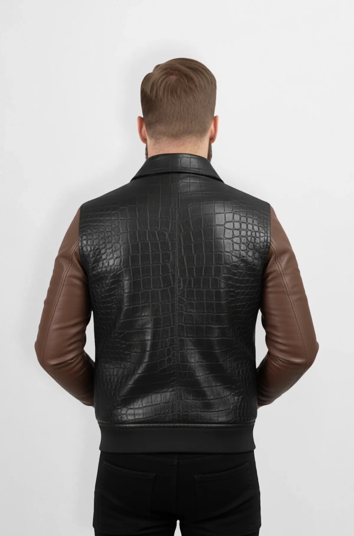 Black with Chocolate Brown Sleeves Crocodile Leather Jacket