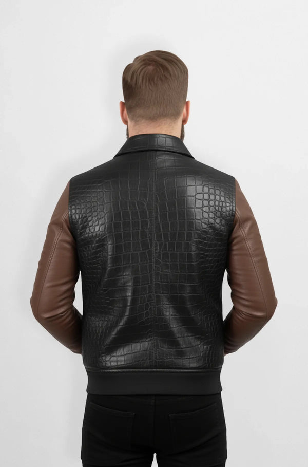 Black with Chocolate Brown Sleeves Crocodile Leather Jacket