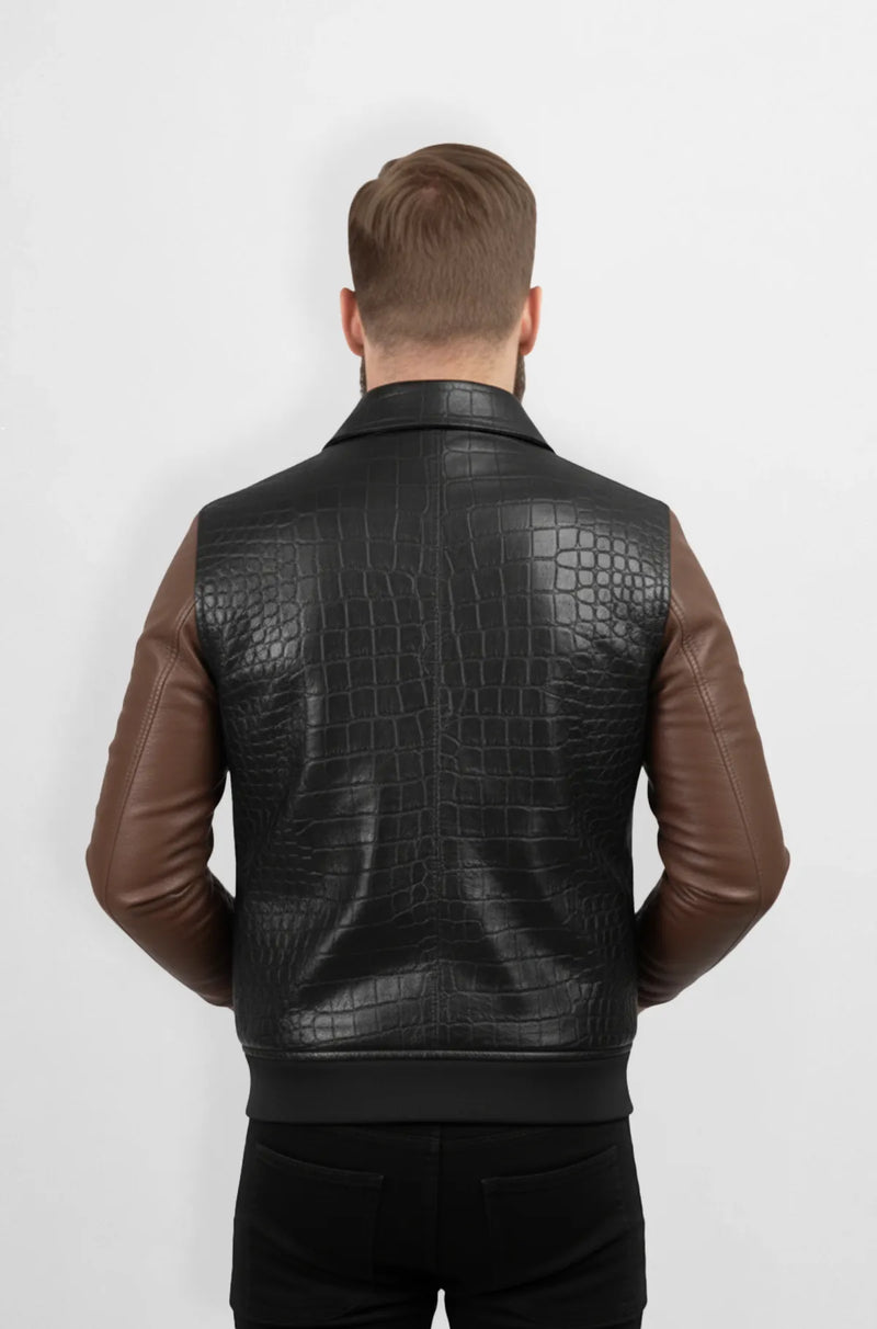 Black with Chocolate Brown Sleeves Crocodile Leather Jacket
