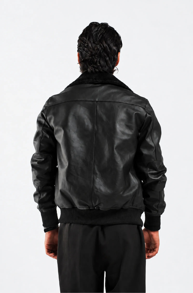 Men's Black Leather Aviator Bomber Jacket