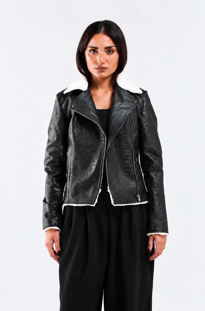 Black Crocodile Leather Biker Jacket