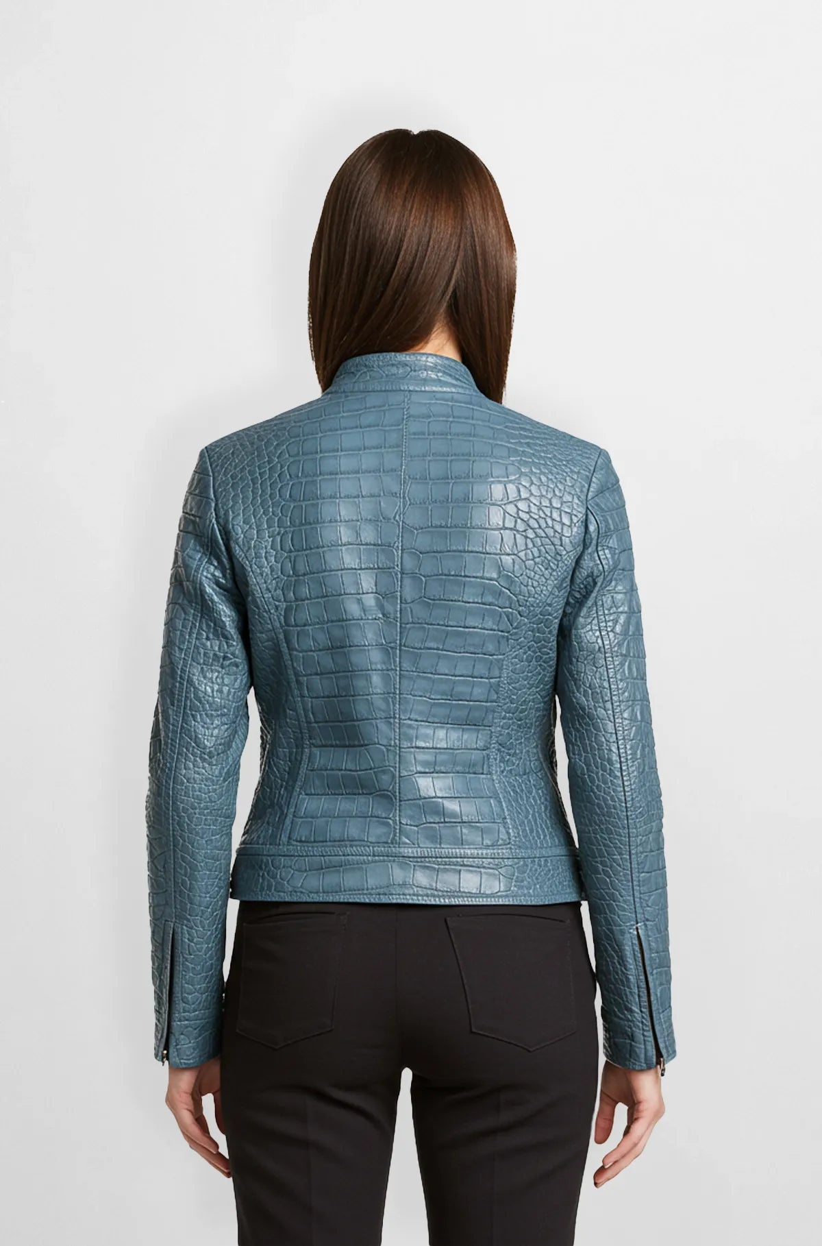 Blue Croc Textured Leather Jacket back view