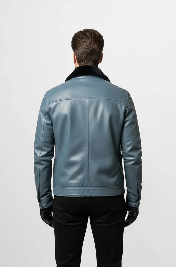 Blue Steel Leather Bomber Jacket Back view
