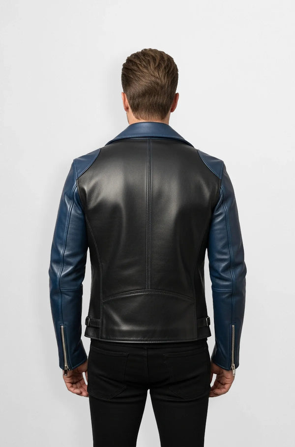Blue and Black Leather Biker Jacket for Men