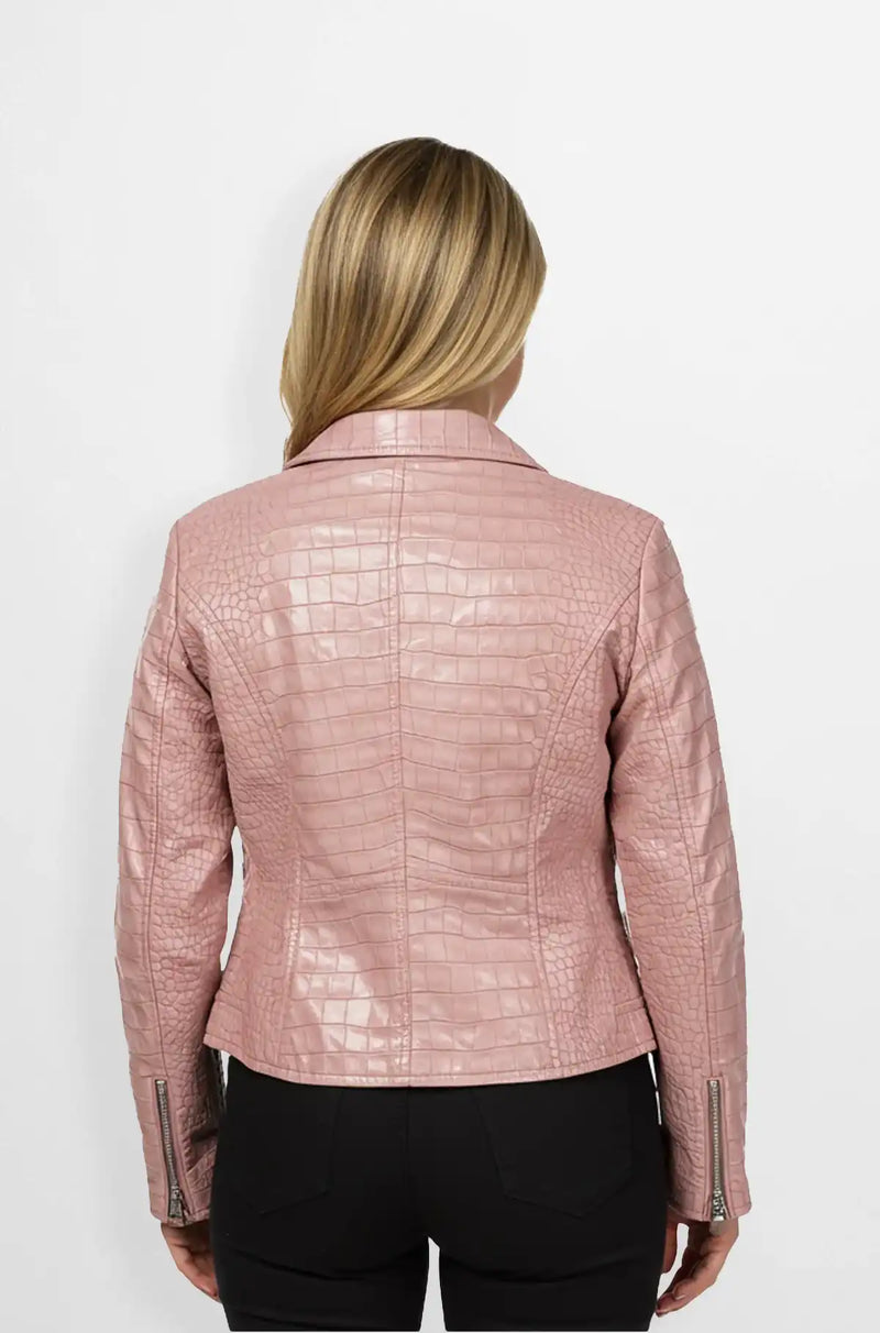 Blush Pink Crocodile Biker Leather Jacket Back view