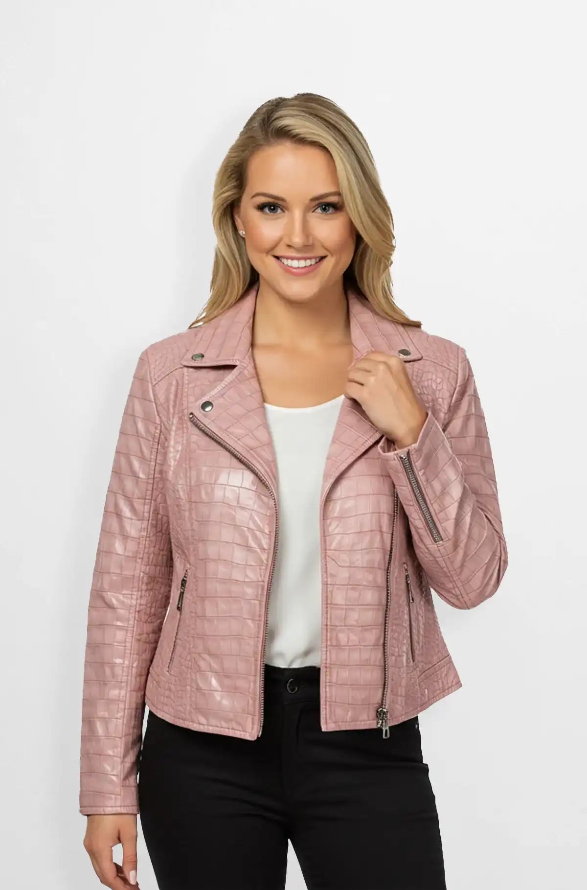 Blush Pink Crocodile Biker Leather Jacket Front view