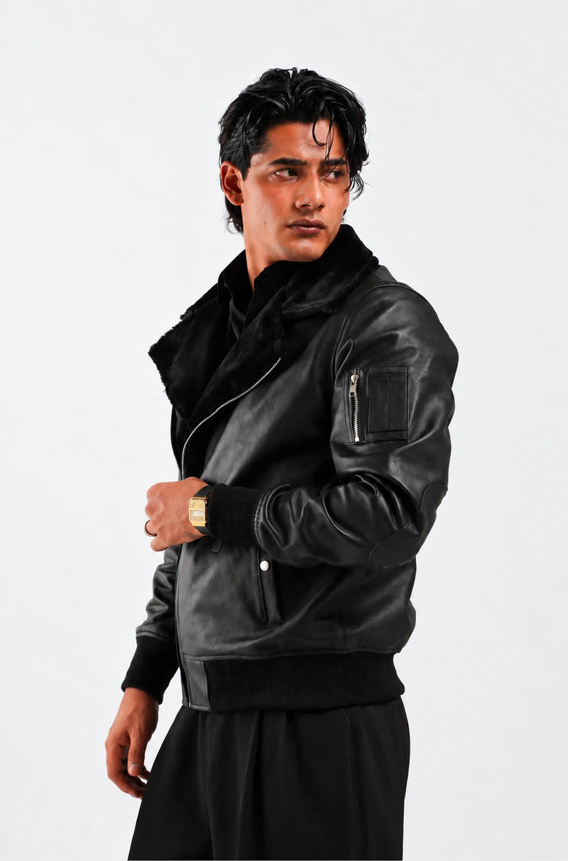 Men's Black Leather Aviator Bomber Jacket
