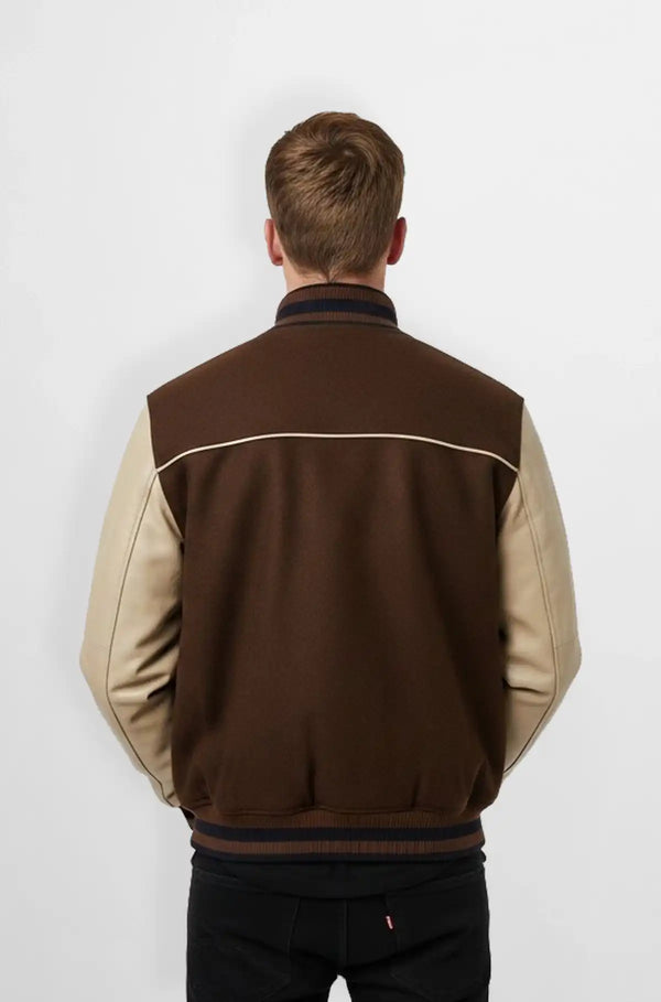 Brown & Beige Wool Leather Varsity Jacket Back view