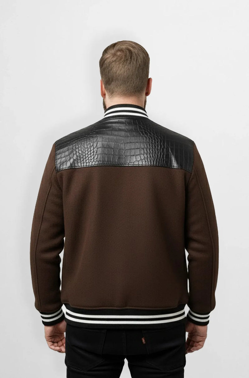 Brown & Black Crocodile Leather Wool Varsity Jacket Back view