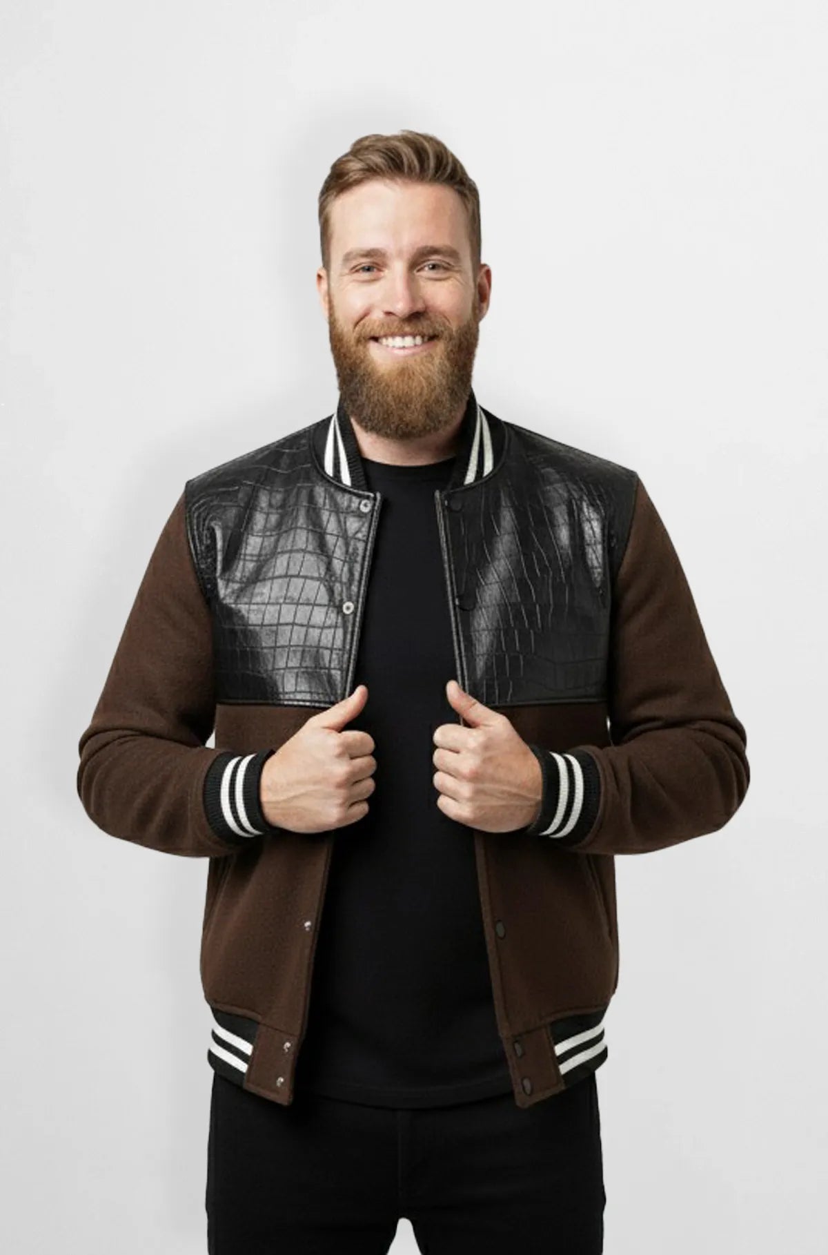 Brown & Black Crocodile Leather Wool Varsity Jacket Front view