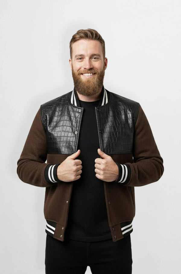 Brown & Black Crocodile Leather Wool Varsity Jacket Front view