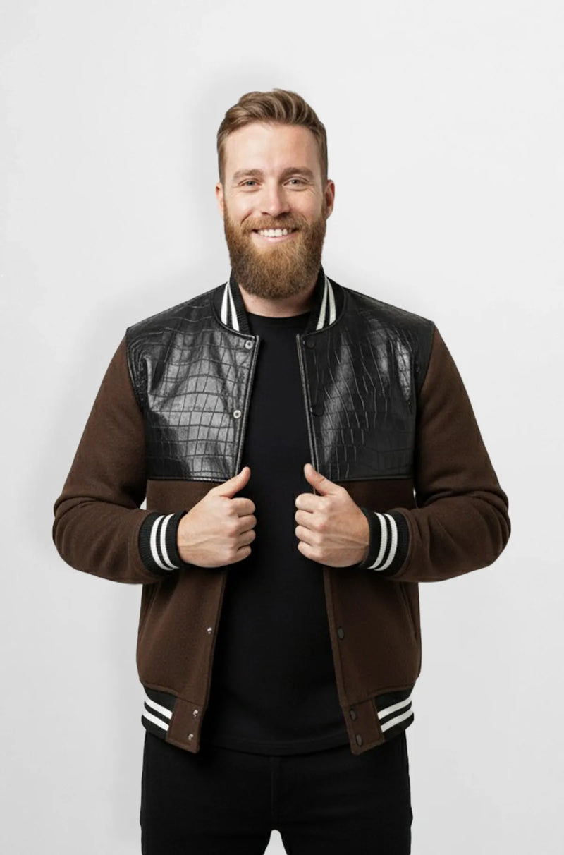 Brown & Black Crocodile Leather Wool Varsity Jacket Front view