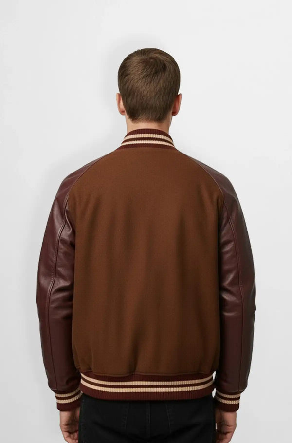 Brown & Burgundy Wool Leather Varsity Jacket Back view