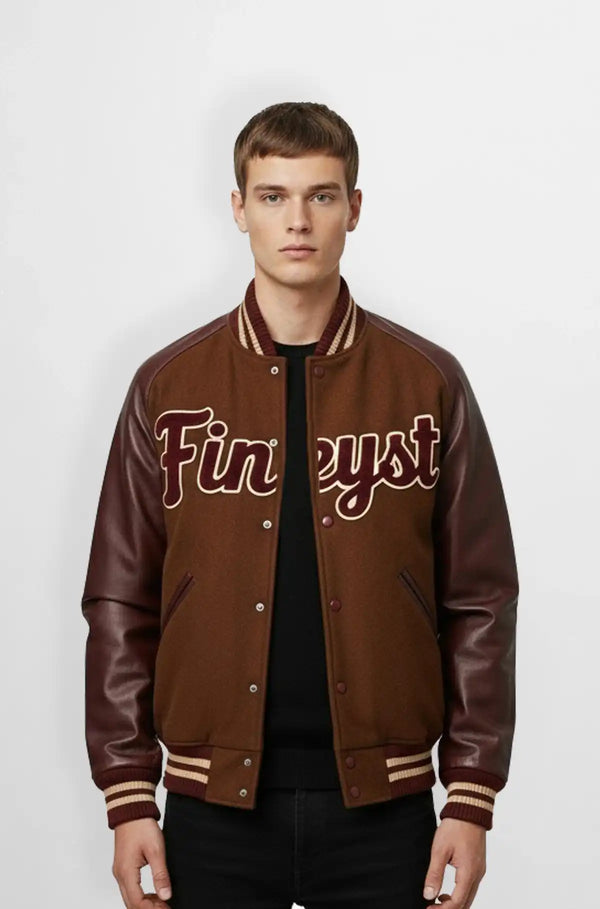 Brown & Burgundy Wool Leather Varsity Jacket Front view