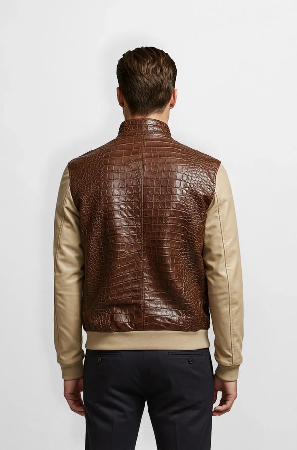 Brown Crocodile Leather Bomber Jacket Back view