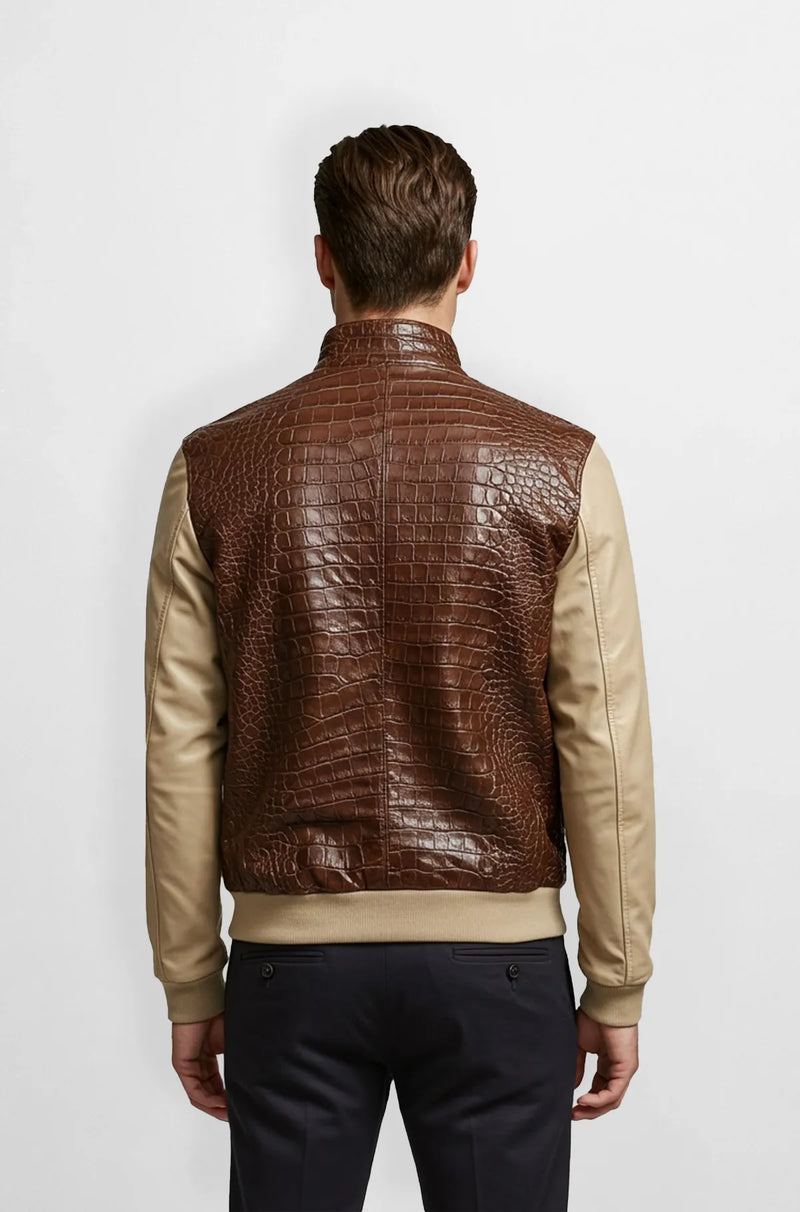 Brown Crocodile Leather Bomber Jacket Back view