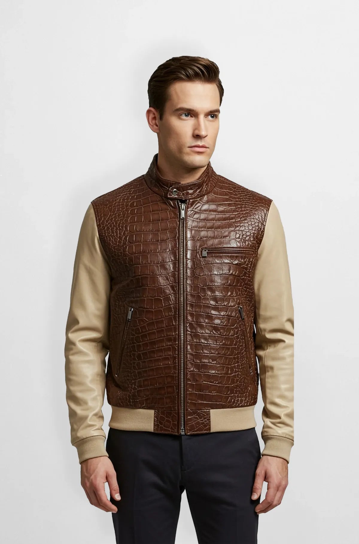 Brown Crocodile Leather Bomber Jacket Front view