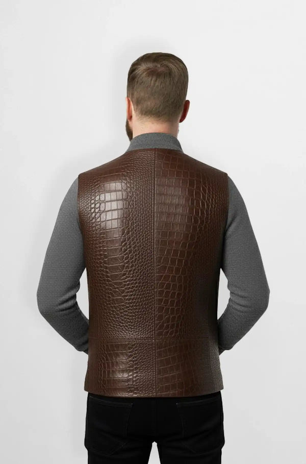Brown Crocodile Leather Wool Bomber Jacket Back view