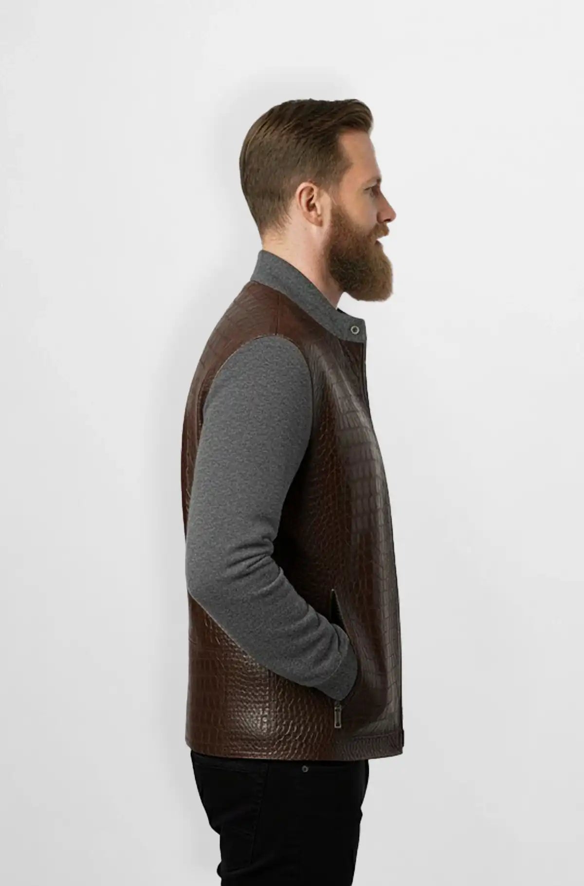 Brown Crocodile Leather Wool Bomber Jacket Side view