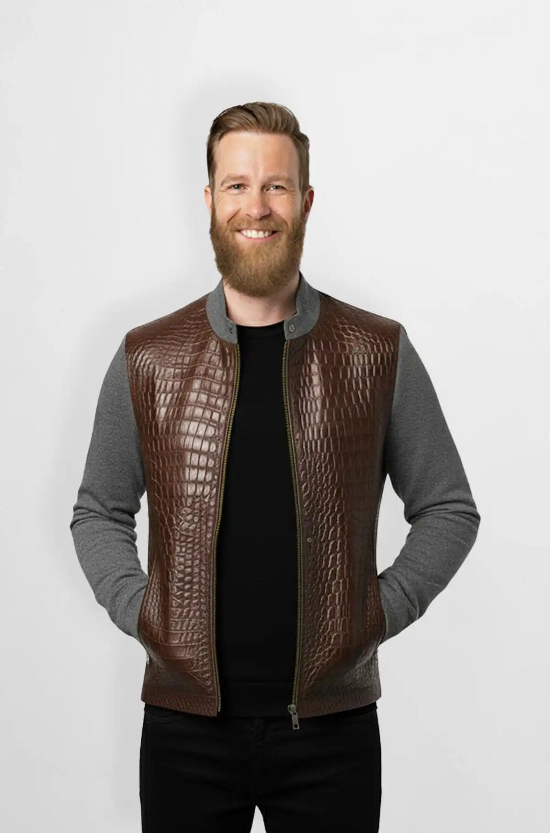 Brown Crocodile Leather Wool Bomber Jacket Front view