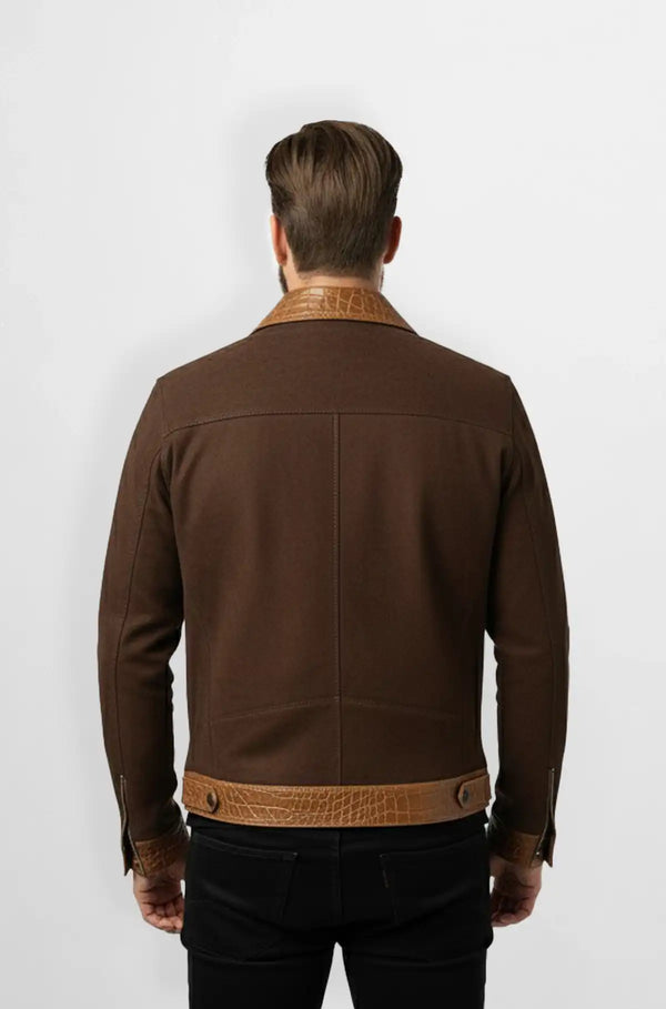 Brown Crocodile Leather Wool Trucker Jacket Back view