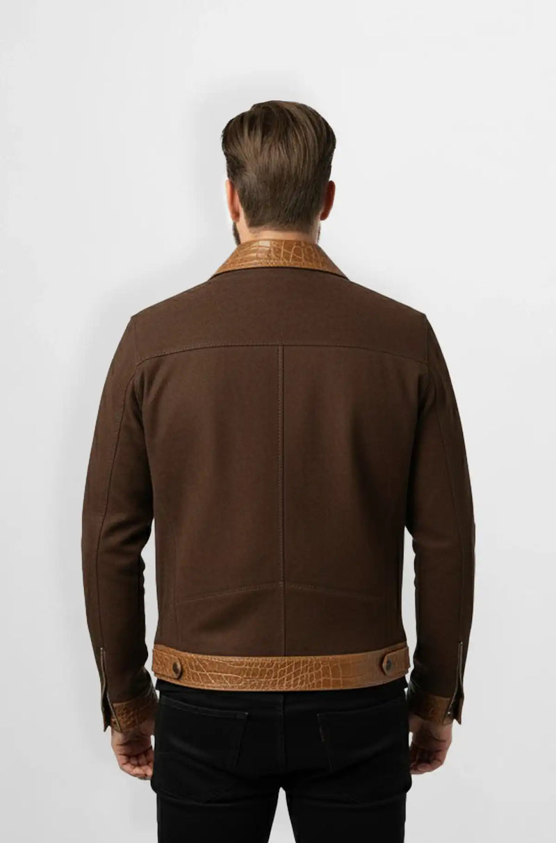 Brown Crocodile Leather Wool Trucker Jacket Back view
