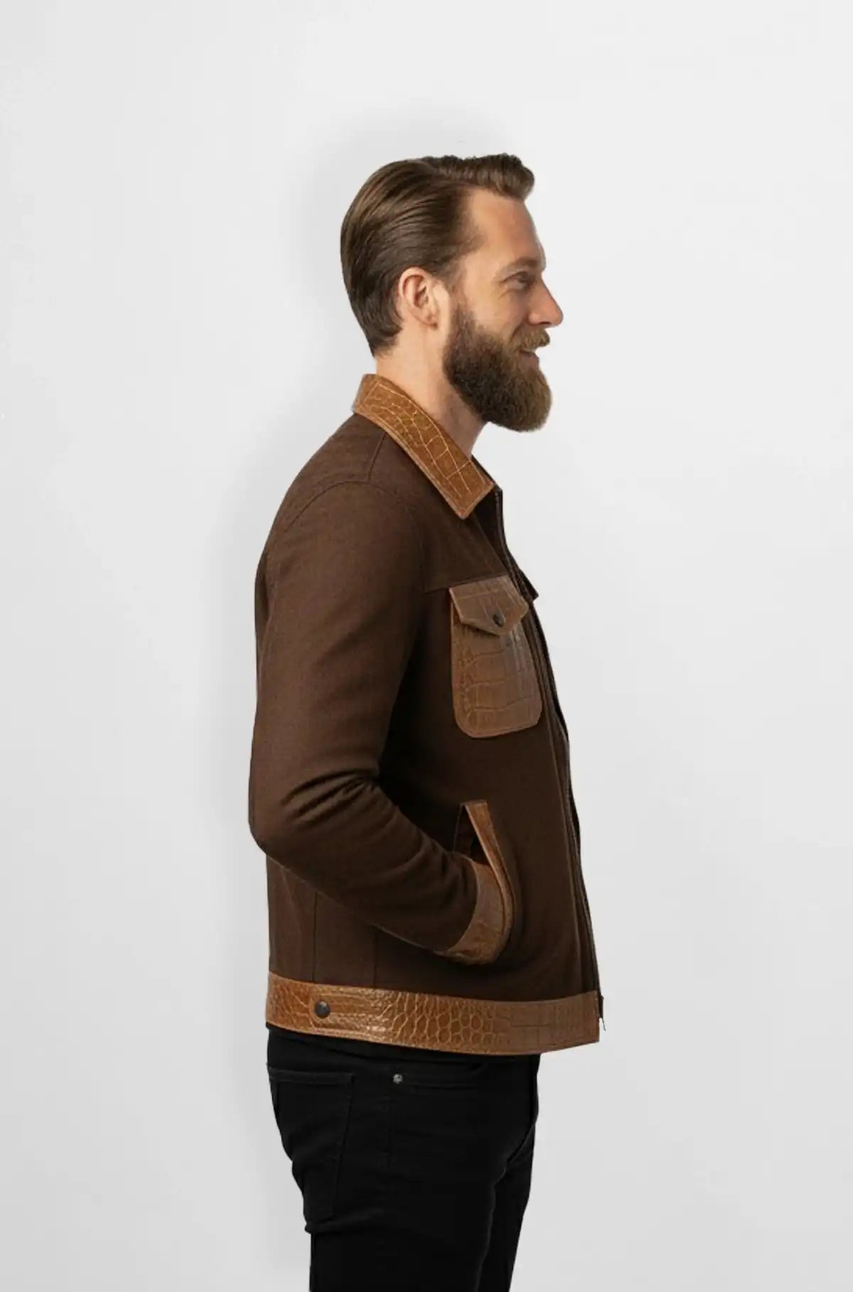 Brown Crocodile Leather Wool Trucker Jacket Side view