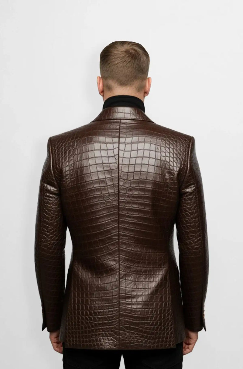 Brown Double Breasted Crocodile Leather Blazer Back view