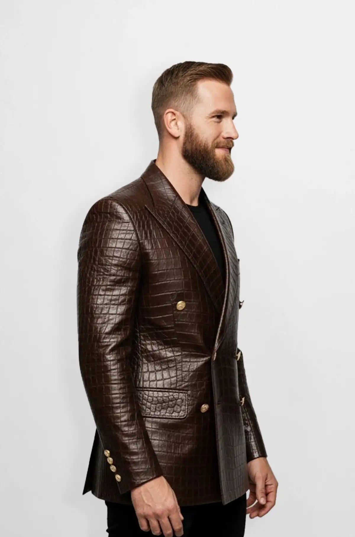 Brown Double Breasted Crocodile Leather Blazer Side view