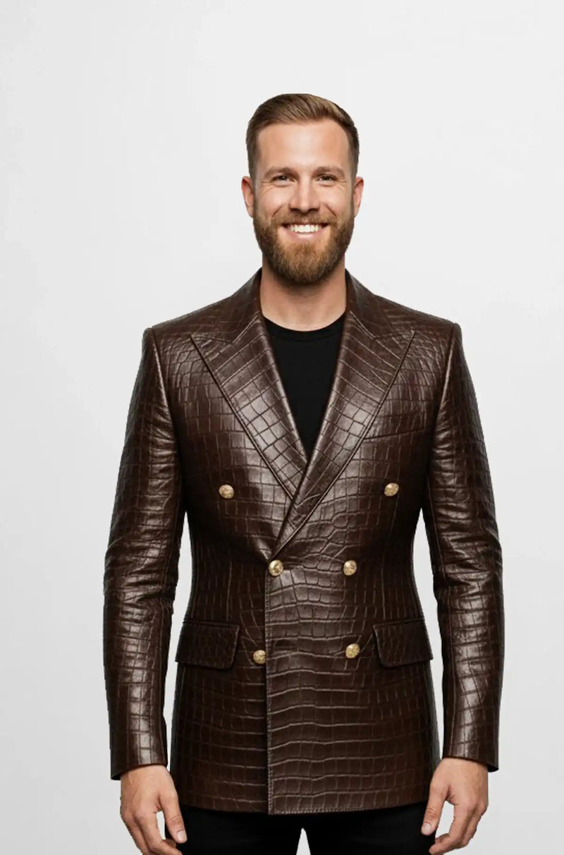 Brown Double Breasted Crocodile Leather Blazer Front view