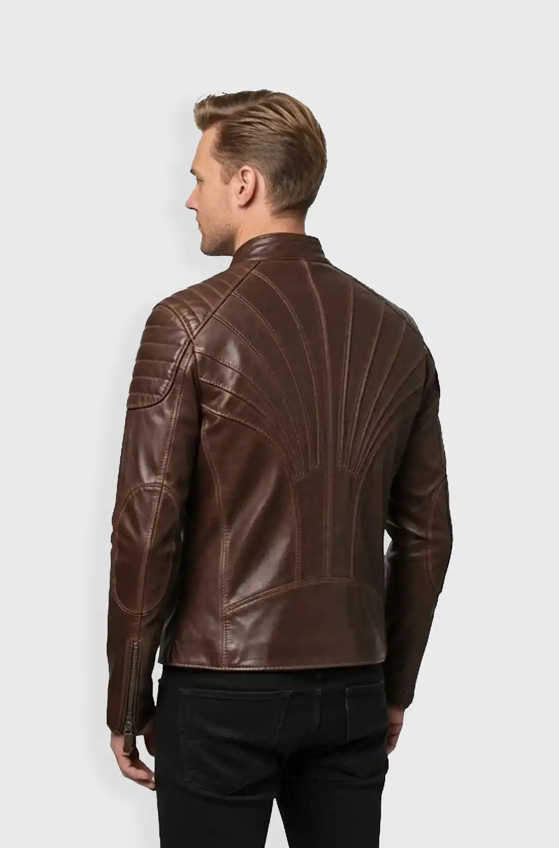 Brown Leather Biker Jacket back view