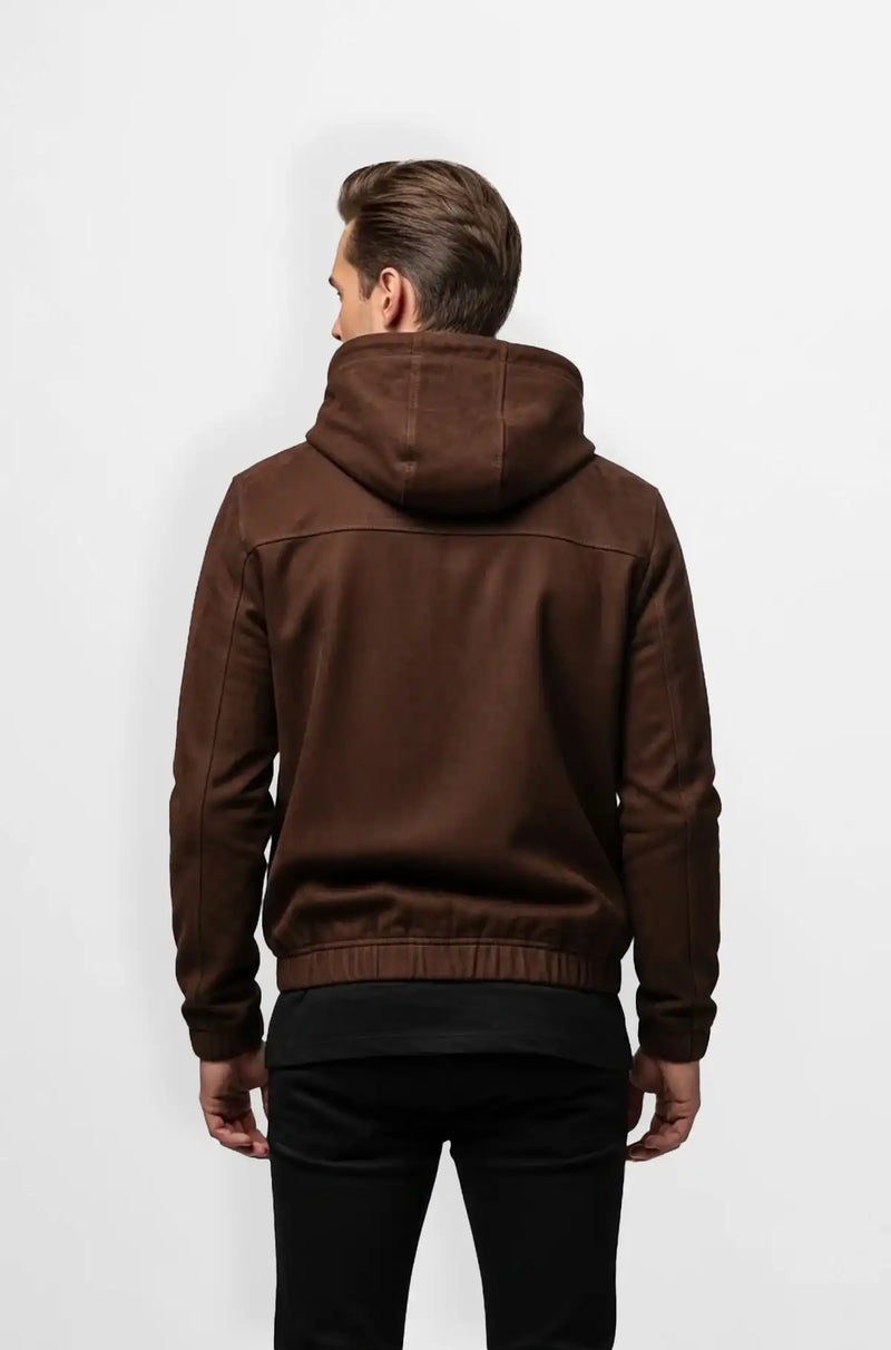 Brown Leather Bomber Jacket with Hood