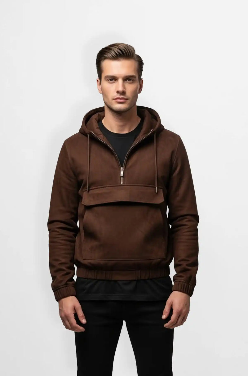 Brown Leather Bomber Jacket with Hood