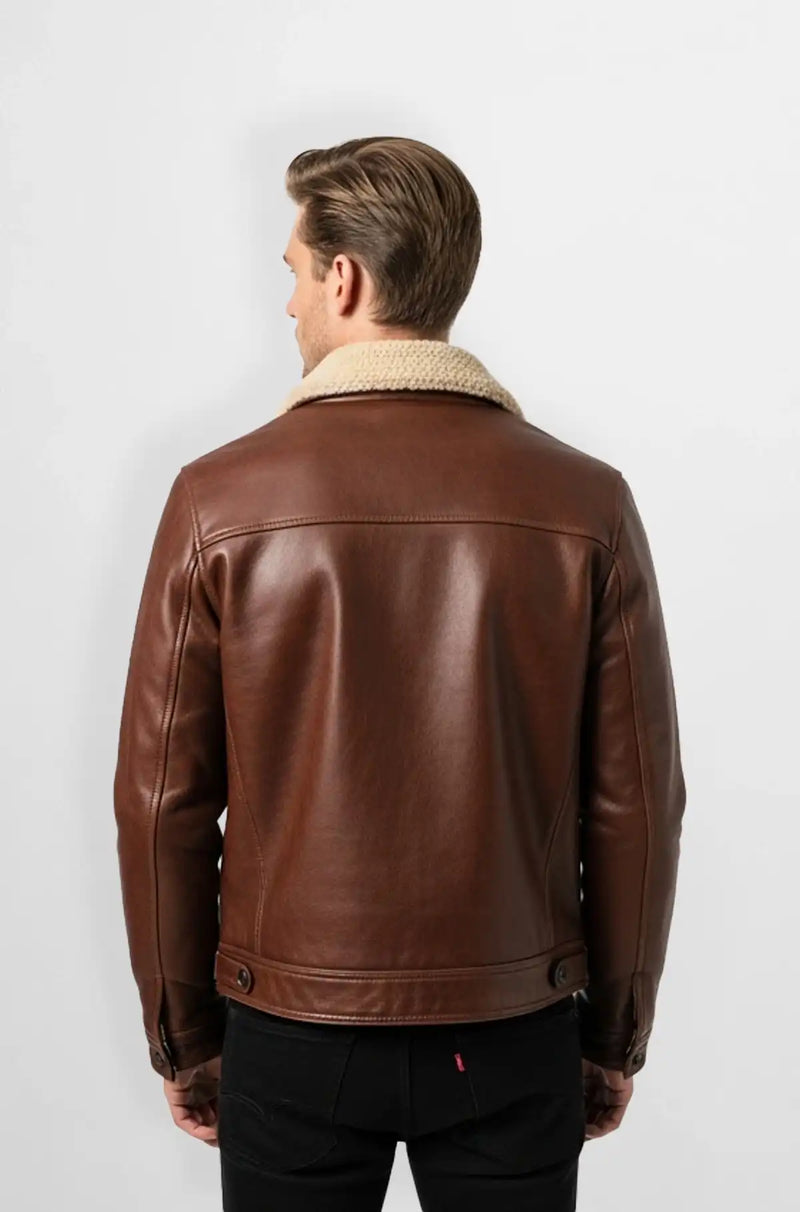 Brown Leather Jacket with Shearling Collar