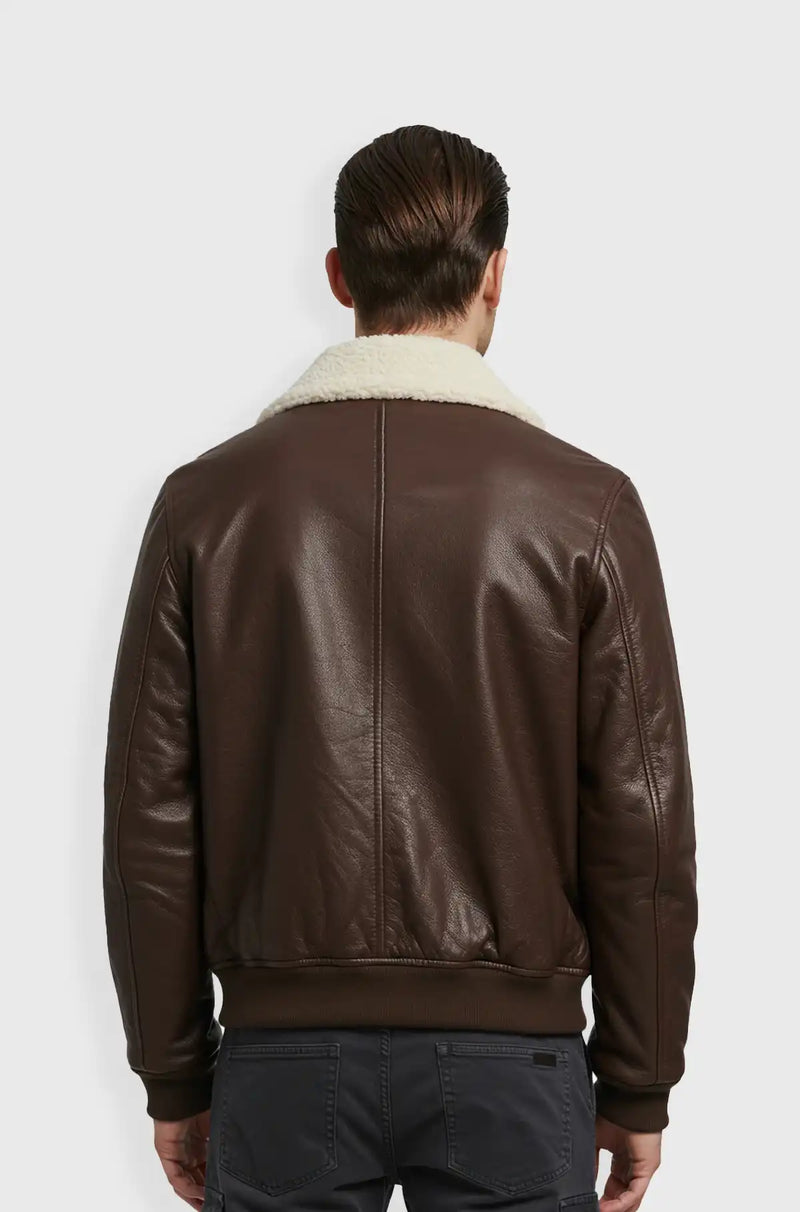 Brown Leather Shearling Jacket for Men back view