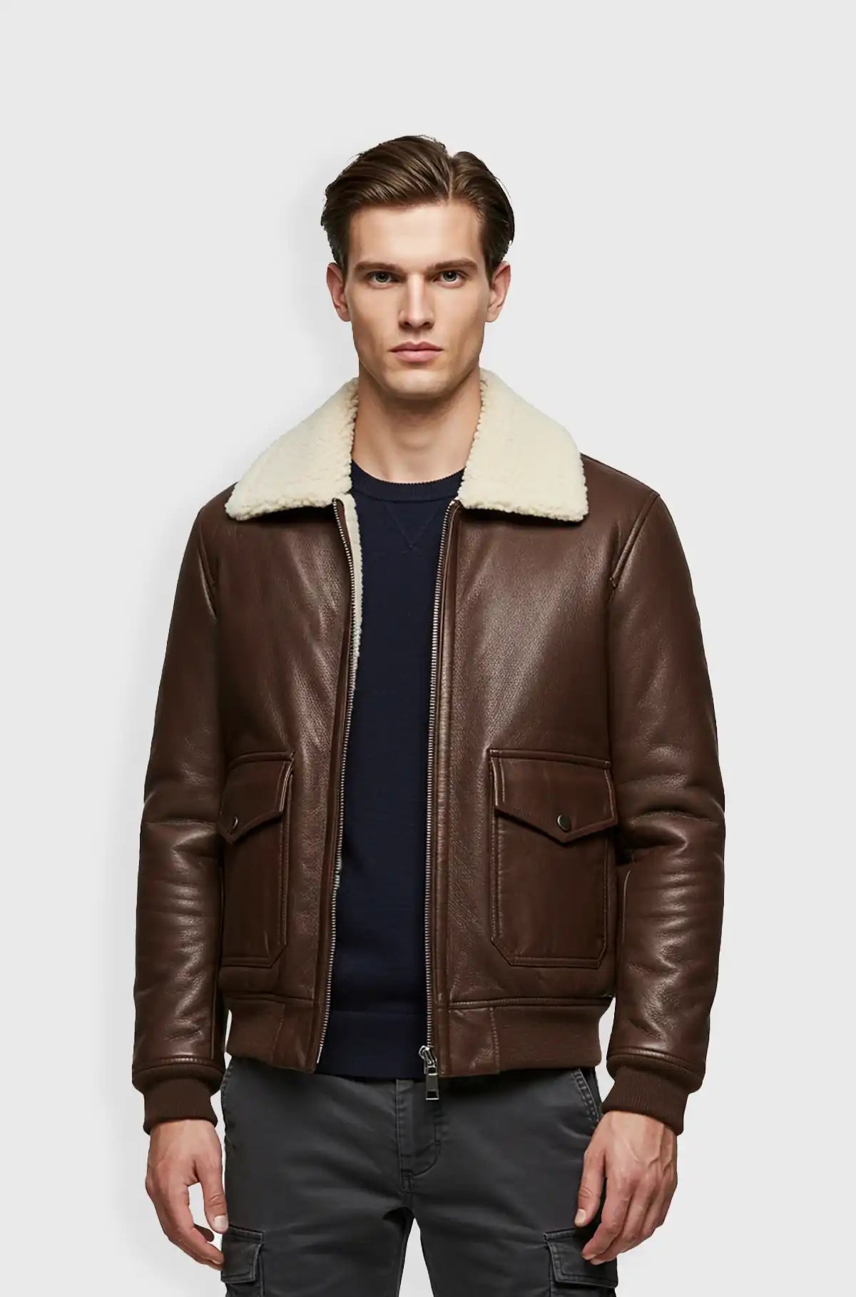 Brown Leather Shearling Jacket for Men front view