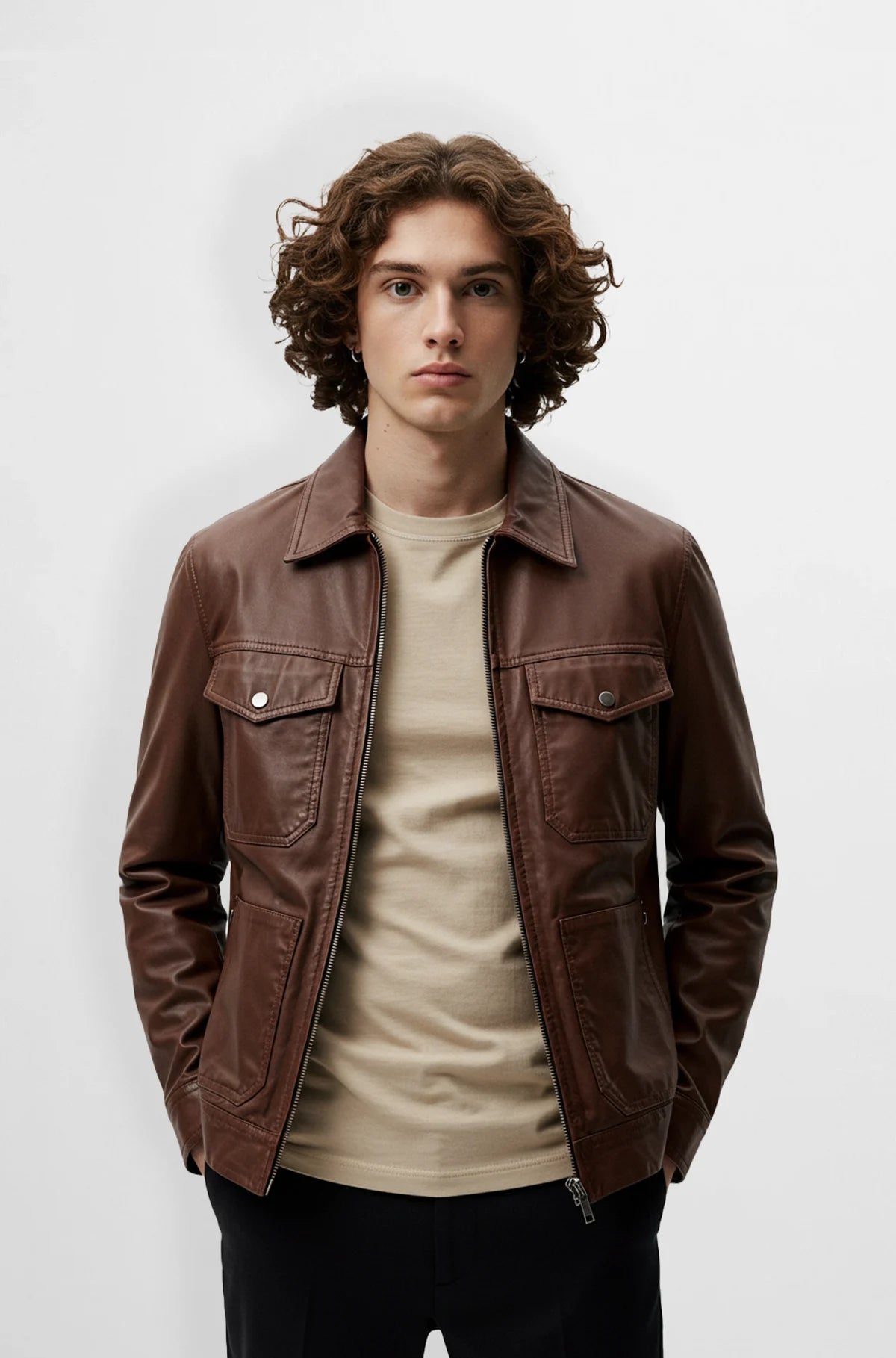 Brown Leather Shirt Jacket for Men front view