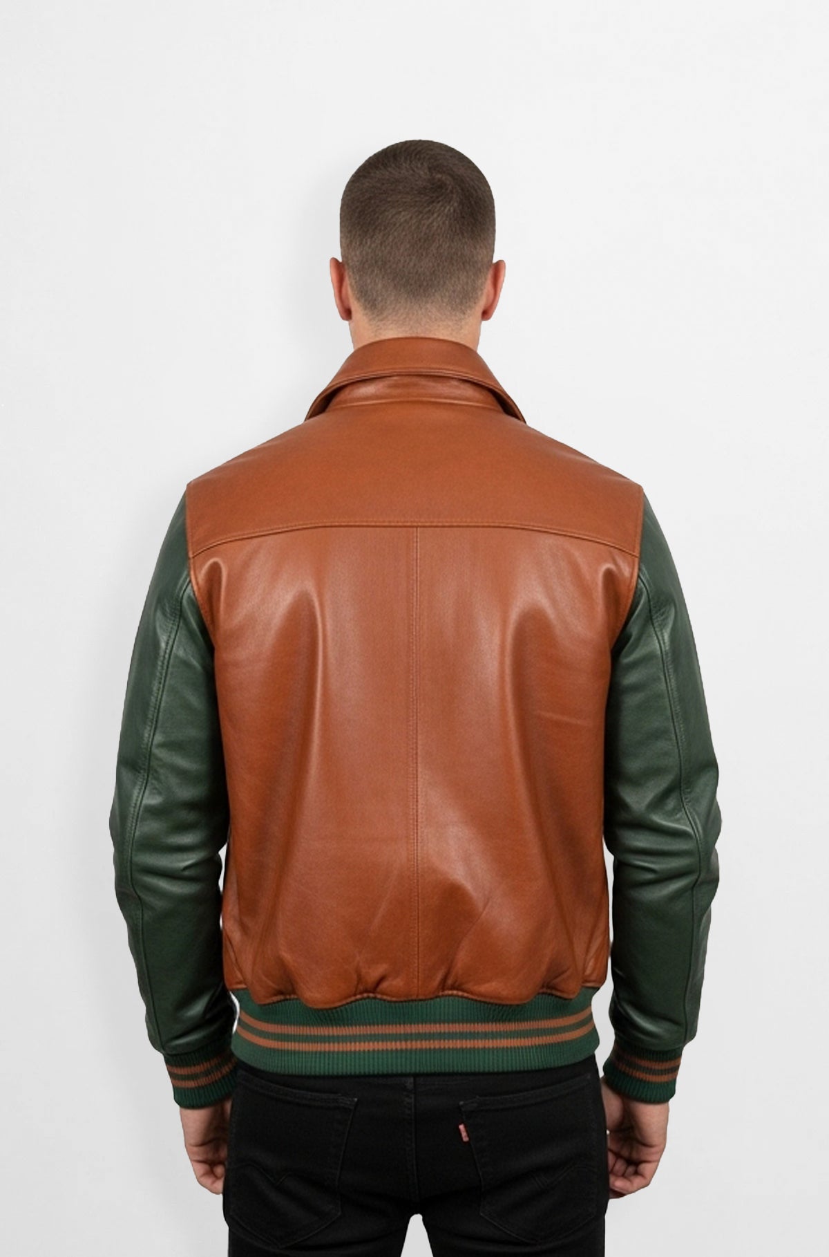 Brown Leather Varsity Jacket with green sleeve