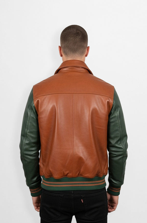 Brown Leather Varsity Jacket with green sleeve