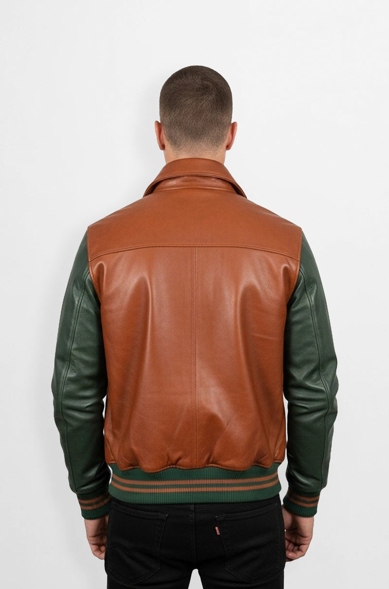 Brown Leather Varsity Jacket with green sleeve