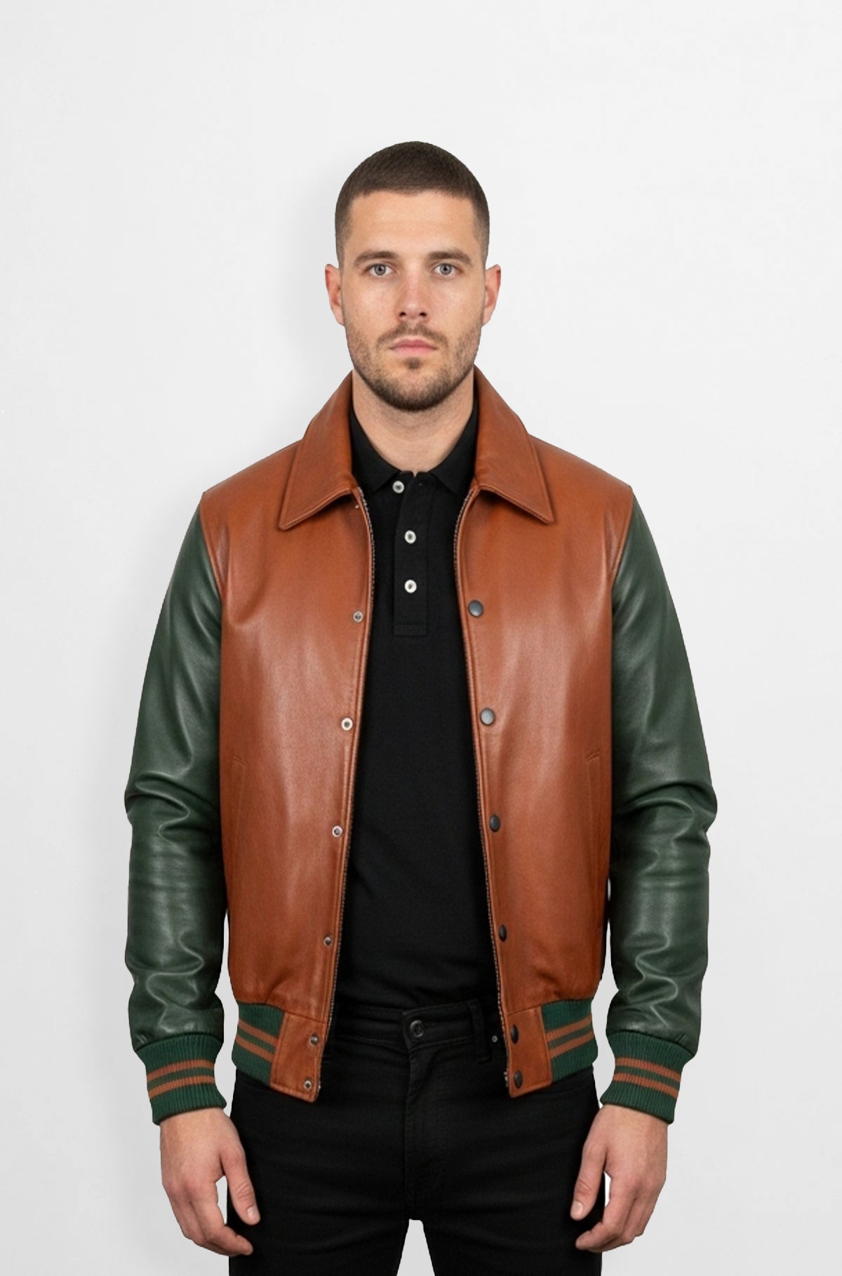 Brown Leather Varsity Jacket with green sleeve
