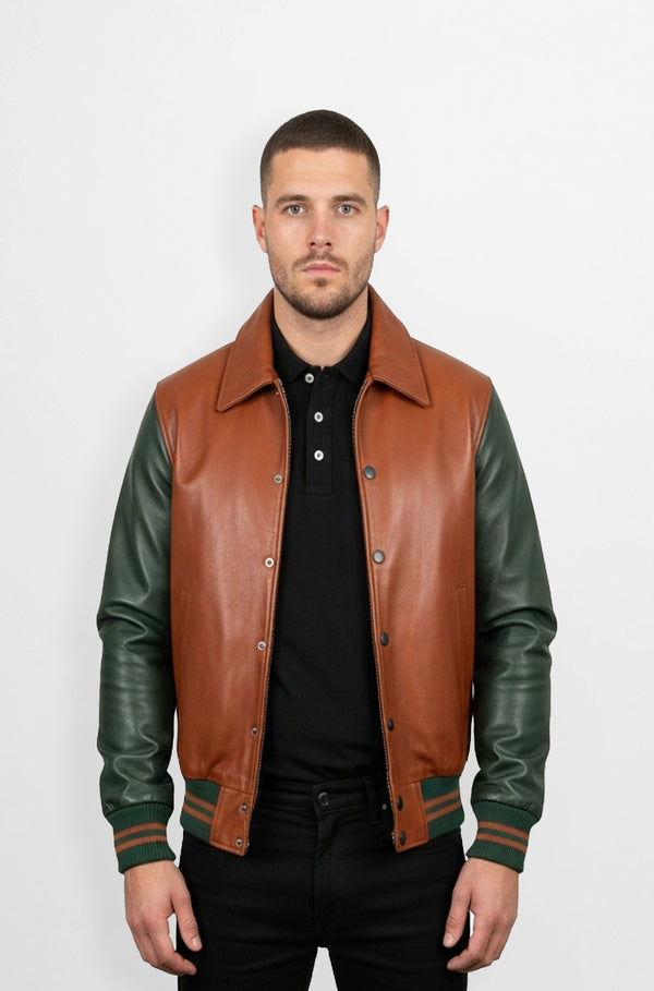 Brown Leather Varsity Jacket with green sleeve