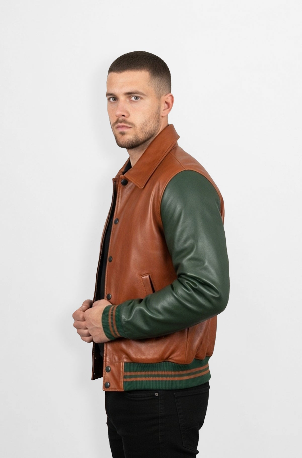 Brown Leather Varsity Jacket with green sleeve