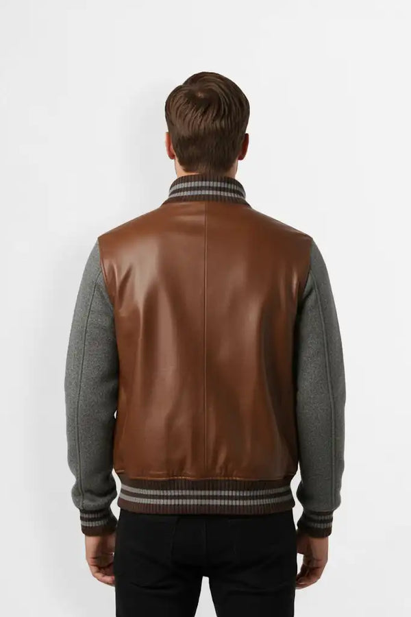 Brown Leather and Wool Bomber Jacket