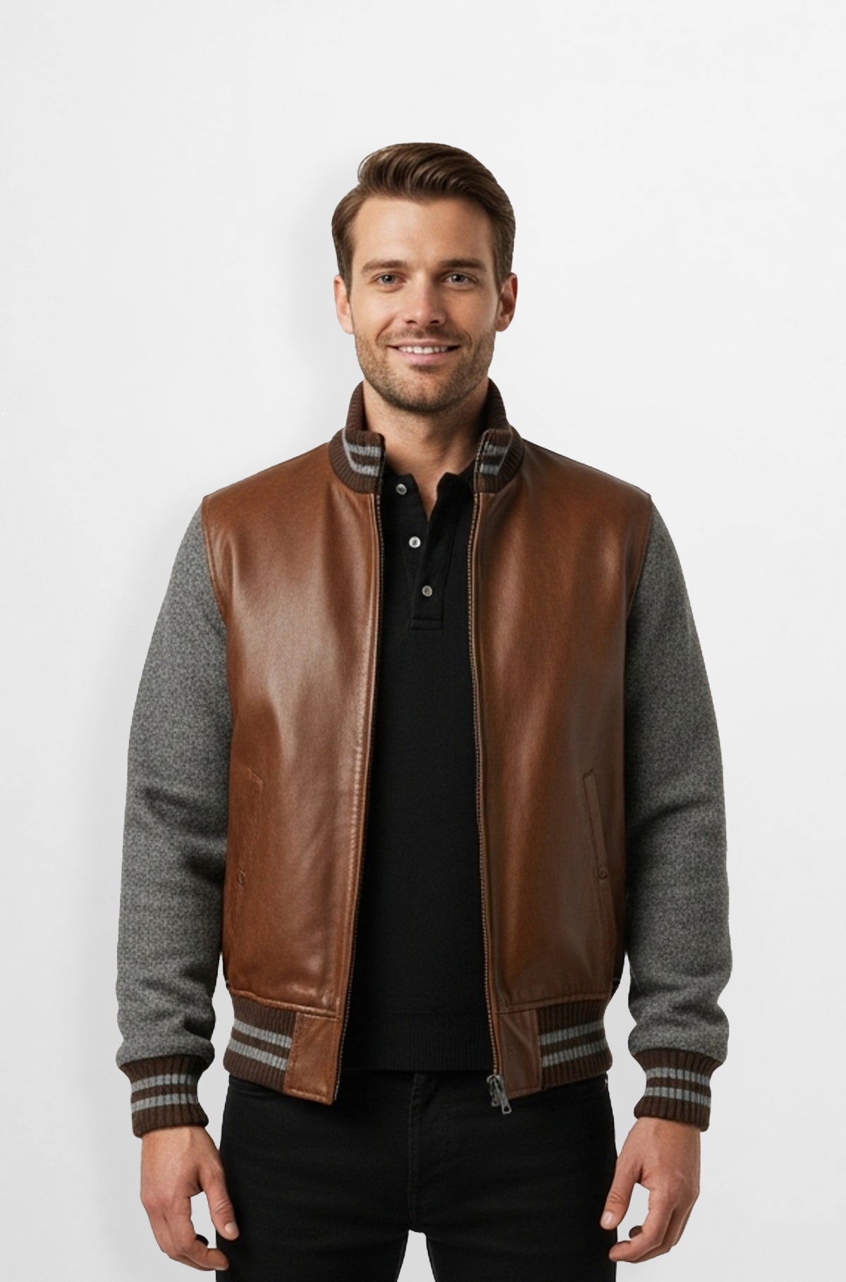 Brown Leather and Wool Bomber Jacket