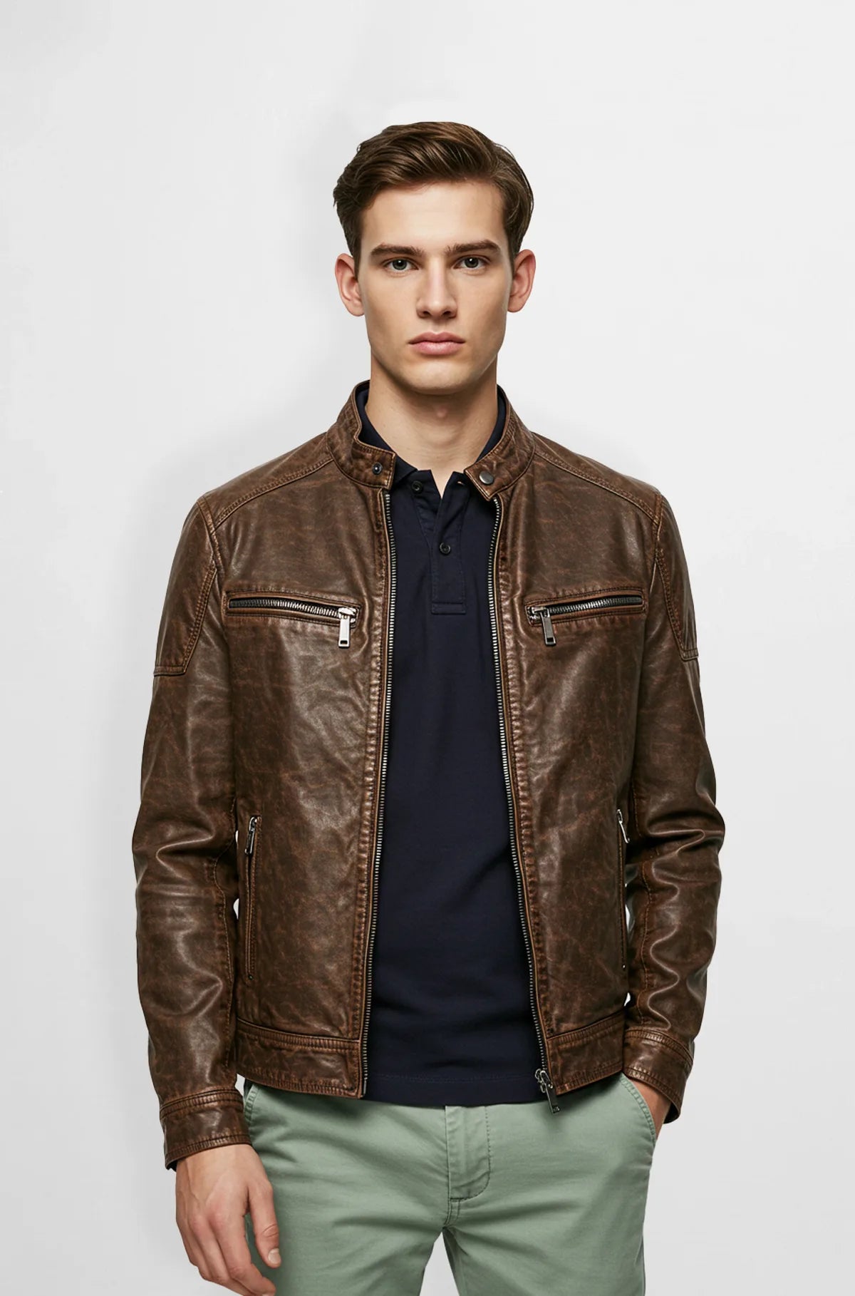Brown Moto Leather Jacket for Men front view
