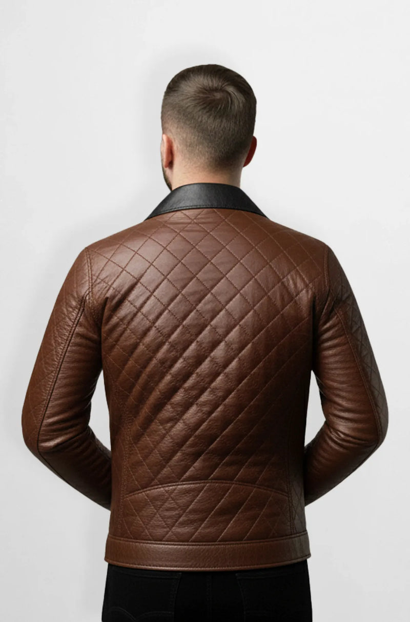 Brown Quilted Leather Trucker Jacket Back view