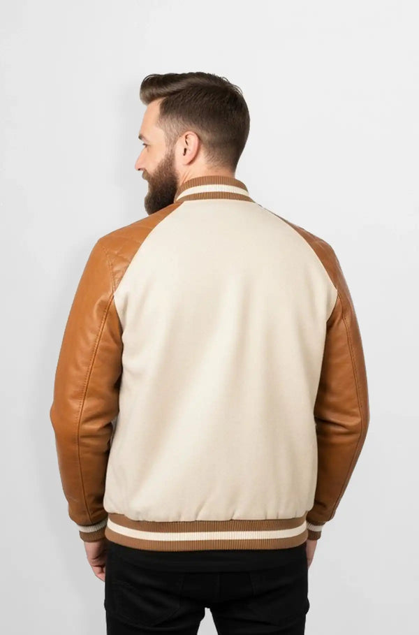 Brown Quilted Suede Leather Varsity Jacket Back view
